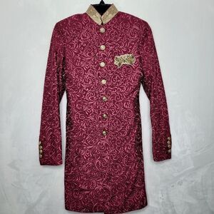 Diwan Saheb Brocade Silk Linen Wool Sherwani Jacket Burgundy Gold Mens XS‎